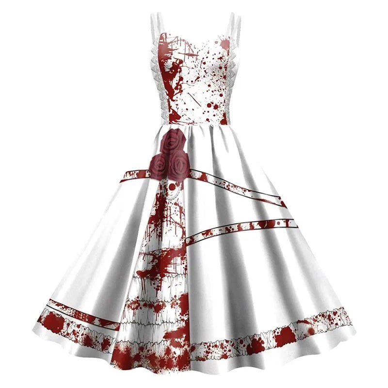 Gothic Skeleton Rose Print Dress with Fitted Bodice and Flowing Skirt