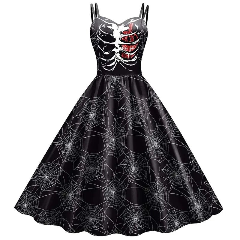 Gothic Skeleton Rose Print Dress with Fitted Bodice and Flowing Skirt