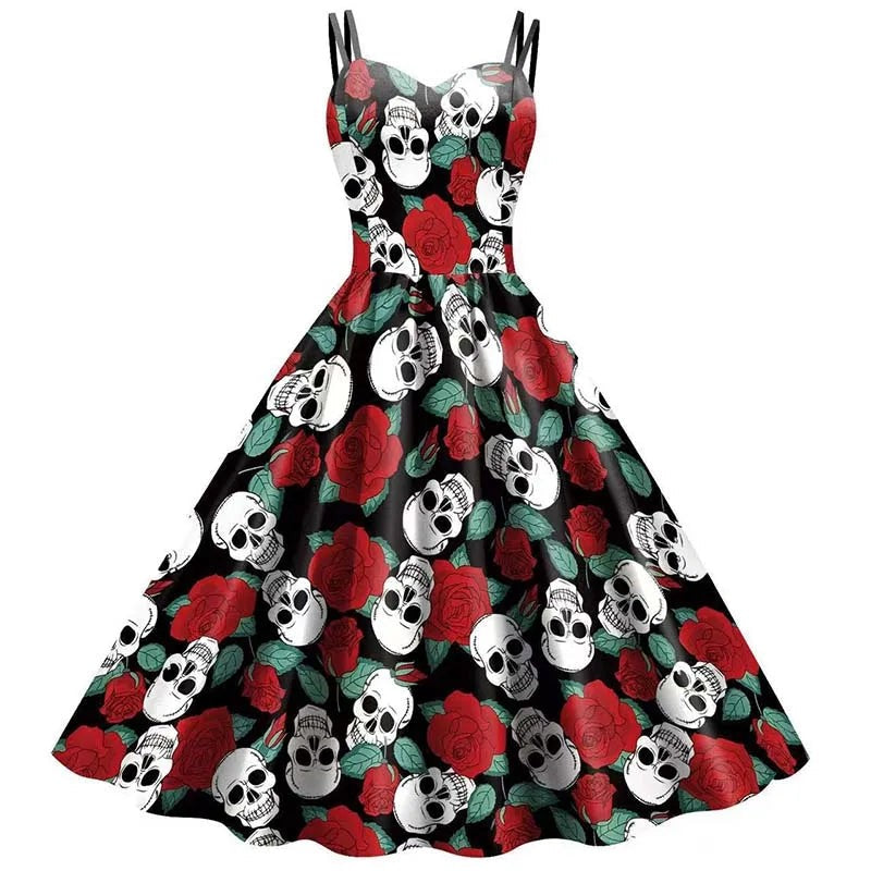 Gothic Skeleton Rose Print Dress with Fitted Bodice and Flowing Skirt