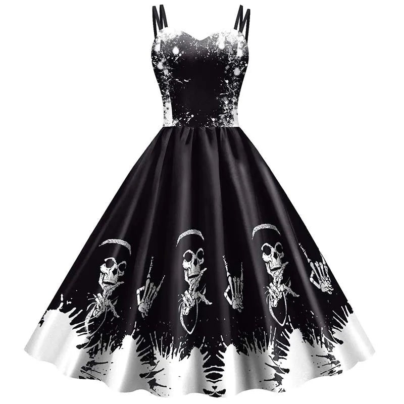 Gothic Skeleton Rose Print Dress with Fitted Bodice and Flowing Skirt