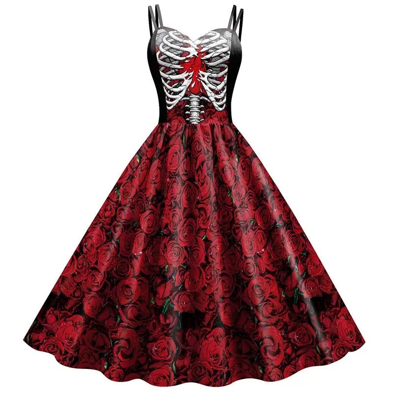 Gothic Skeleton Rose Print Dress with Fitted Bodice and Flowing Skirt