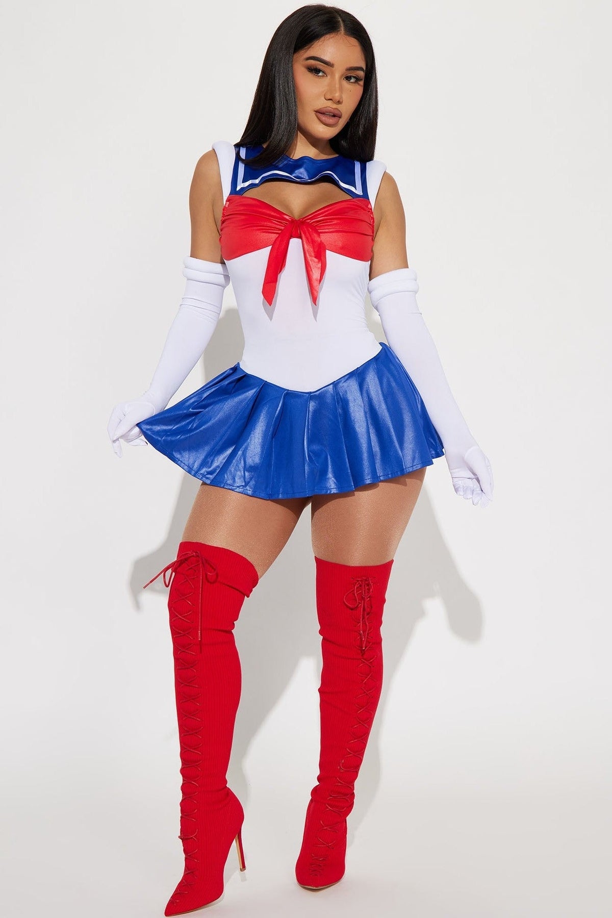 Nautical Three Piece Costume Set with Crop Top and Mini Skirt, Gloves