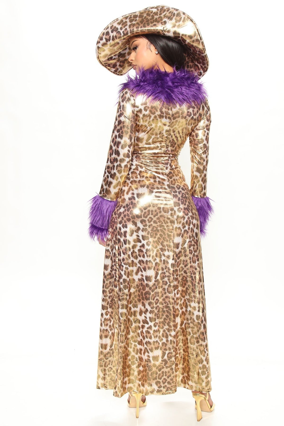 Cheetah Print Costume Set with Long Coat and Purple Faux Fur Trim