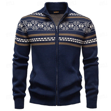 Fair Isle Cardigan with Full Zip and Stand Collar, Ribbed Trim