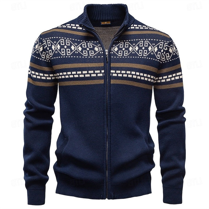 Fair Isle Cardigan with Full Zip and Stand Collar, Ribbed Trim