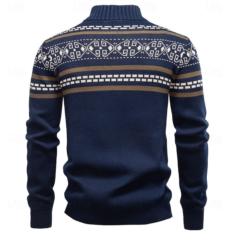 Fair Isle Cardigan with Full Zip and Stand Collar, Ribbed Trim