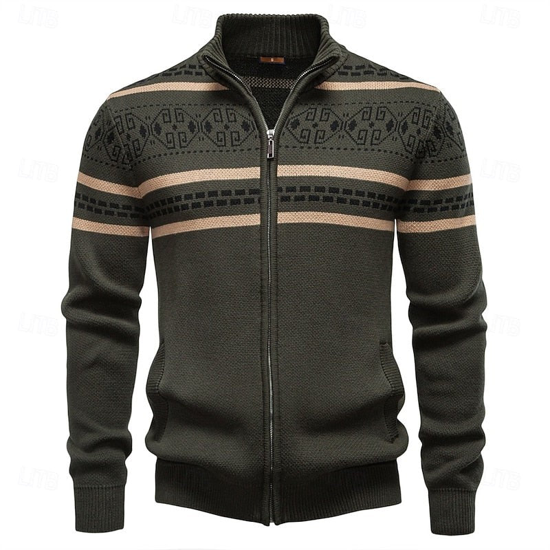 Fair Isle Cardigan with Full Zip and Stand Collar, Ribbed Trim