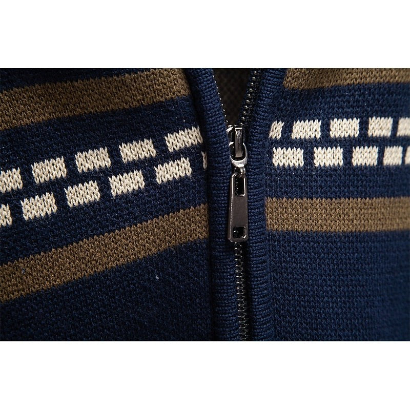 Fair Isle Cardigan with Full Zip and Stand Collar, Ribbed Trim