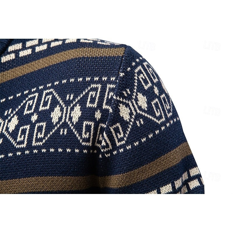Fair Isle Cardigan with Full Zip and Stand Collar, Ribbed Trim