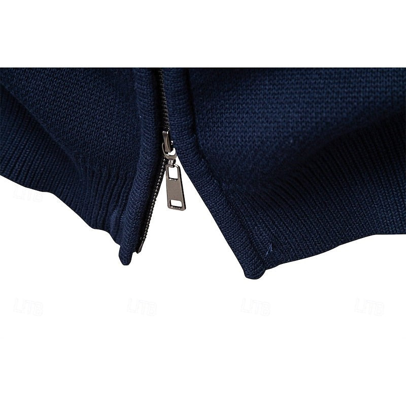 Fair Isle Cardigan with Full Zip and Stand Collar, Ribbed Trim