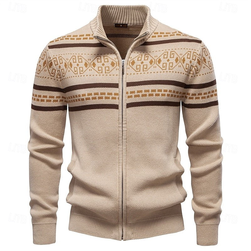 Fair Isle Cardigan with Full Zip and Stand Collar, Ribbed Trim
