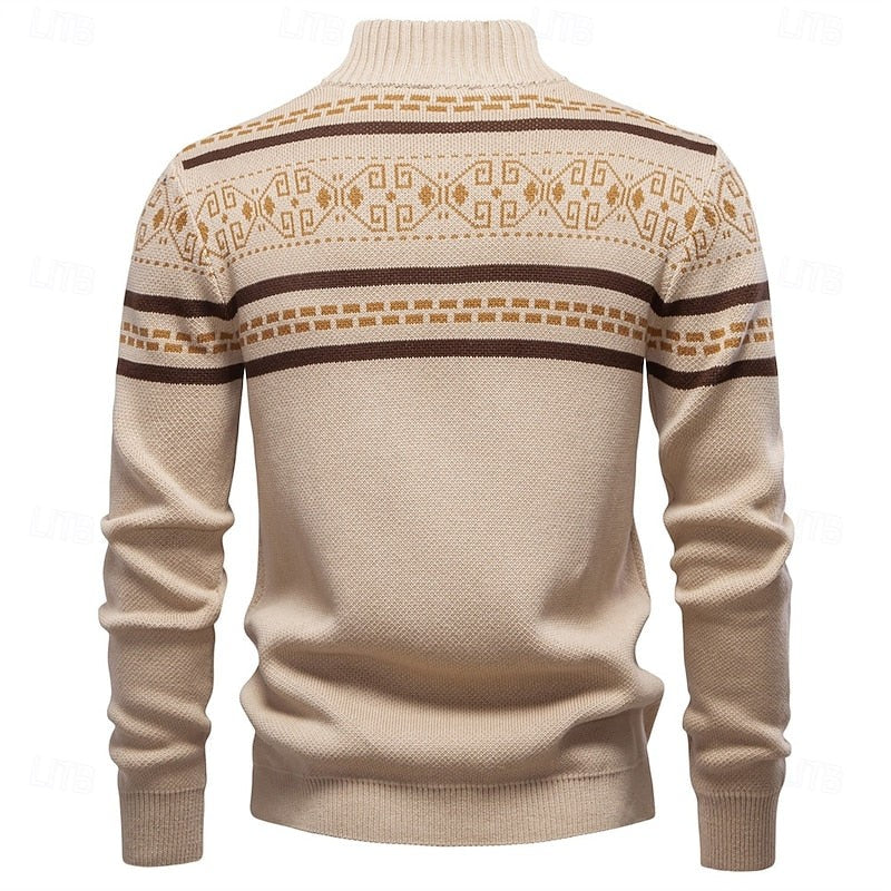 Fair Isle Cardigan with Full Zip and Stand Collar, Ribbed Trim