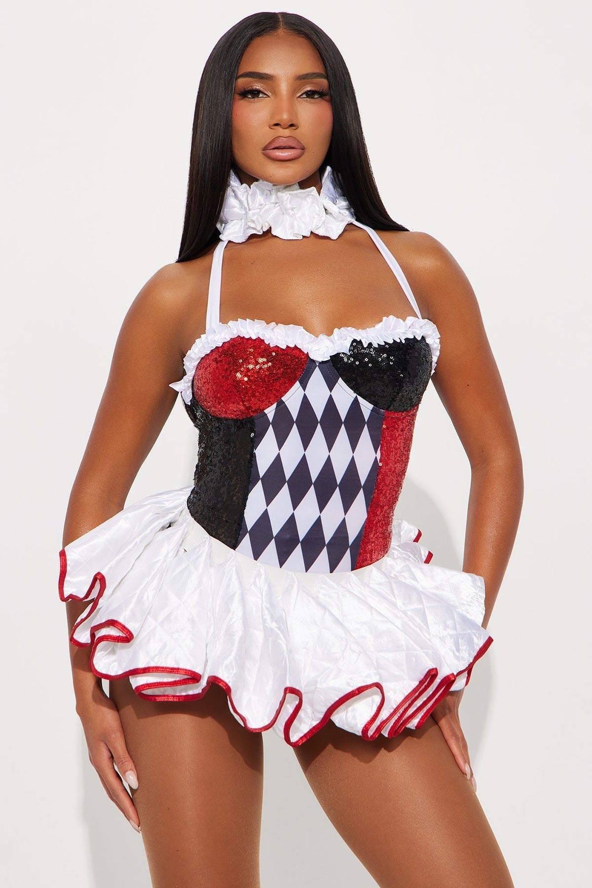 Clown Costume Set with Fitted Romper and Ruffled Collar, Red and Black