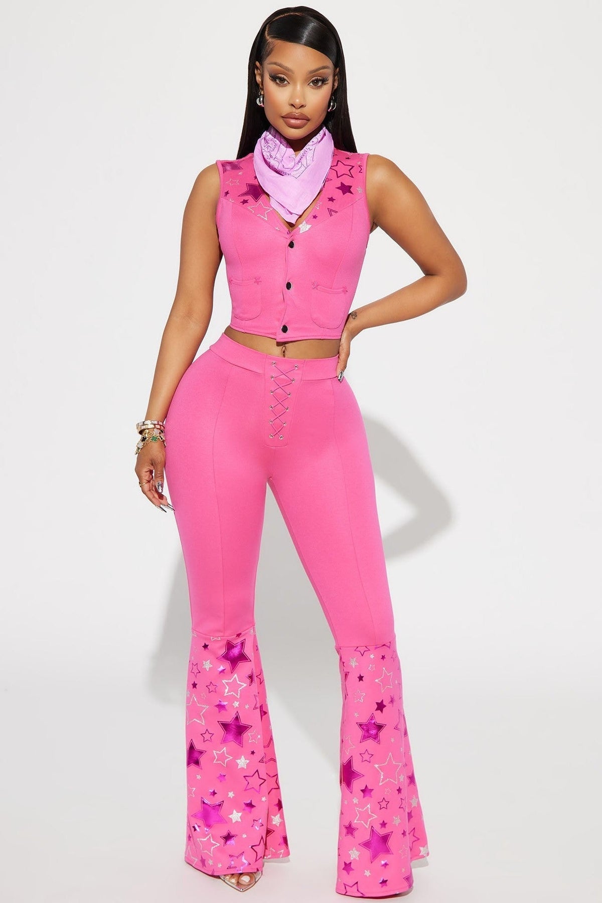 Pink Western Costume Set with Vest and Pants, Neck Scarf Included
