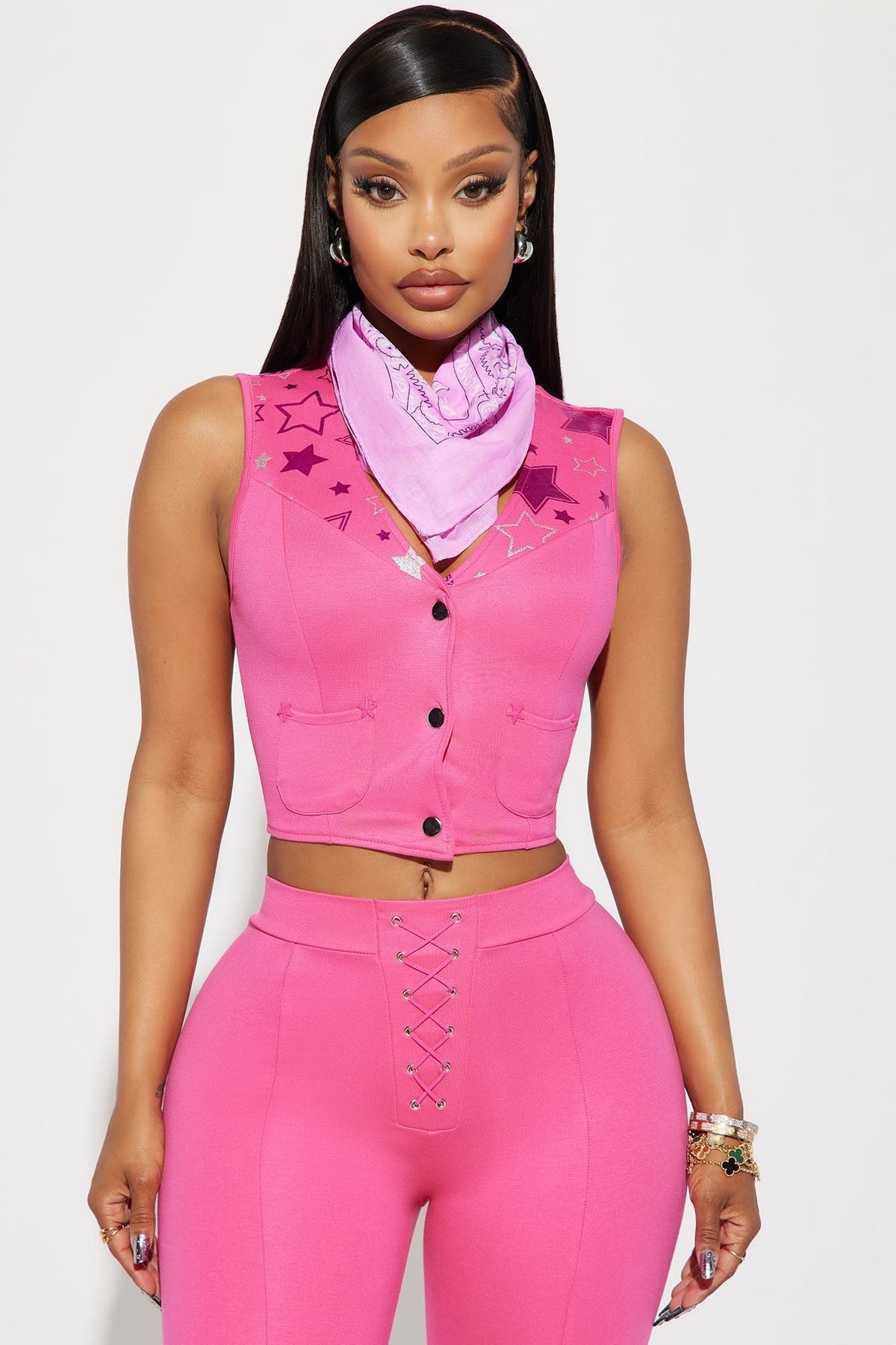 Pink Western Costume Set with Vest and Pants, Neck Scarf Included