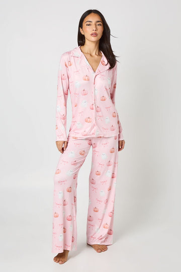 Women's Pajama Set with Watercolor Pumpkin Print and Wide Leg Trousers, Baby Pink
