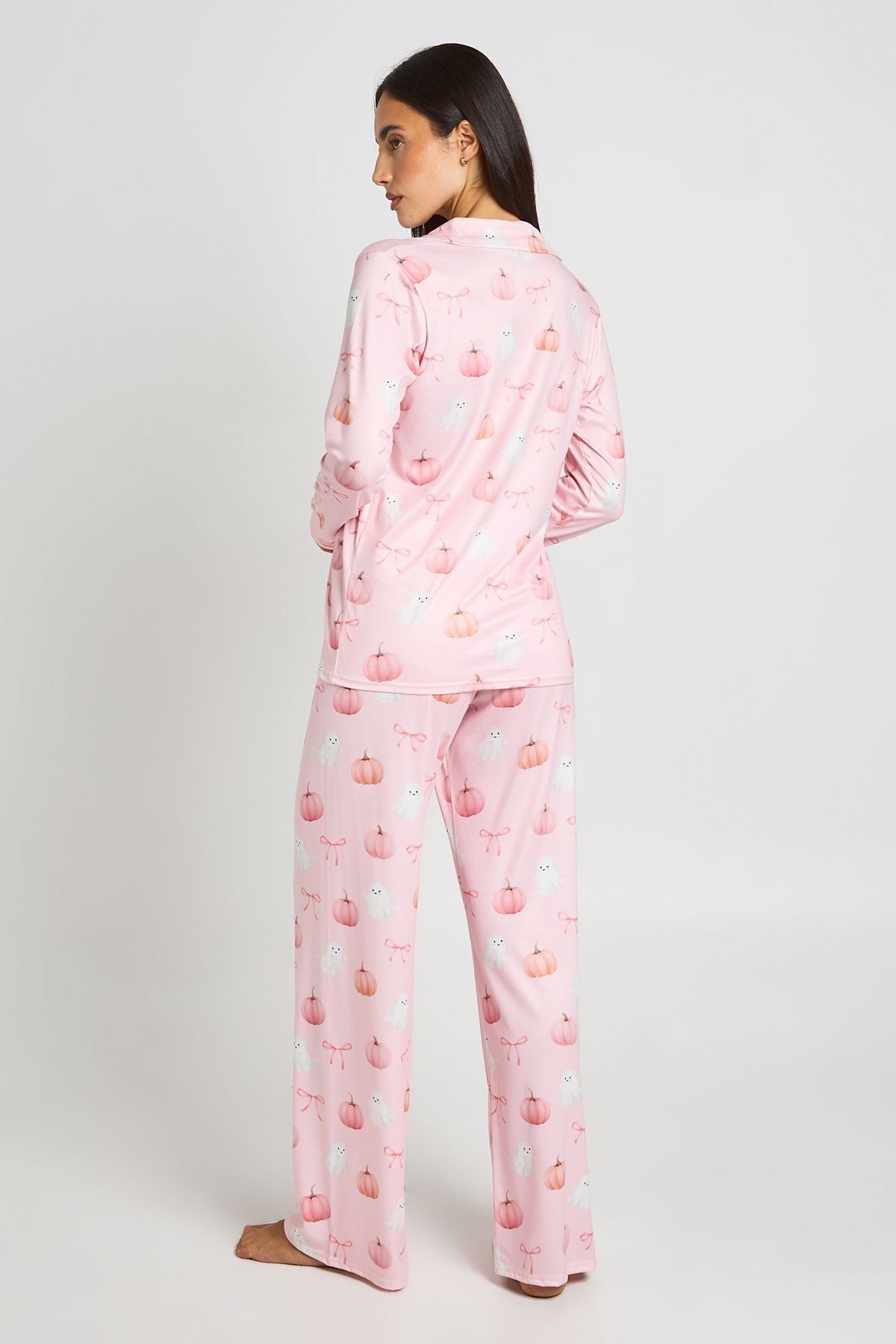 Women's Pajama Set with Watercolor Pumpkin Print and Wide Leg Trousers, Baby Pink