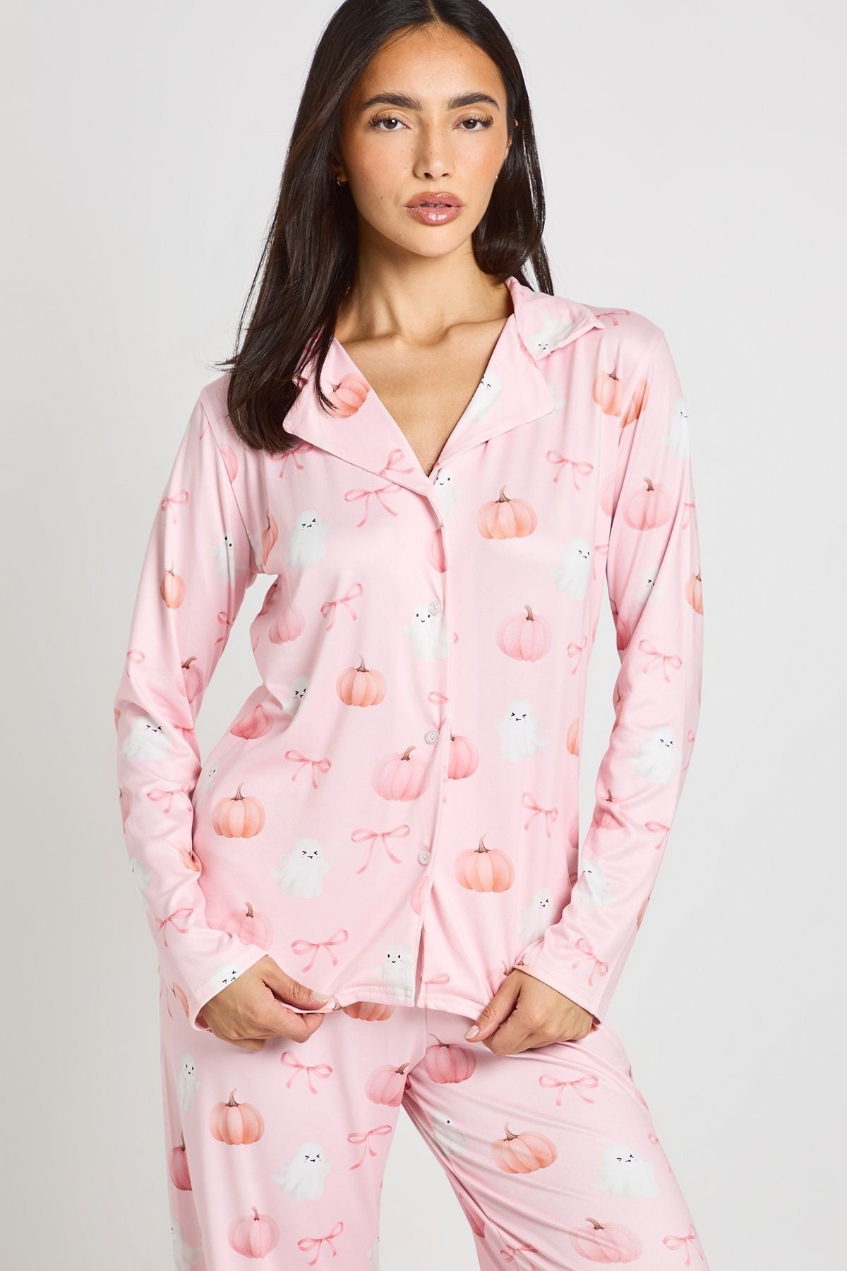 Women's Pajama Set with Watercolor Pumpkin Print and Wide Leg Trousers, Baby Pink