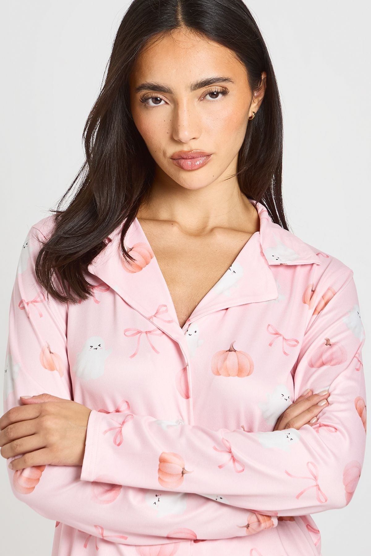 Women's Pajama Set with Watercolor Pumpkin Print and Wide Leg Trousers, Baby Pink