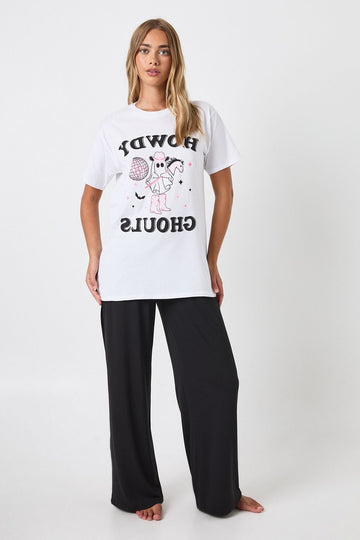 Ghost Print Two Piece Pajama Set with Short Sleeves and Wide Leg Trousers