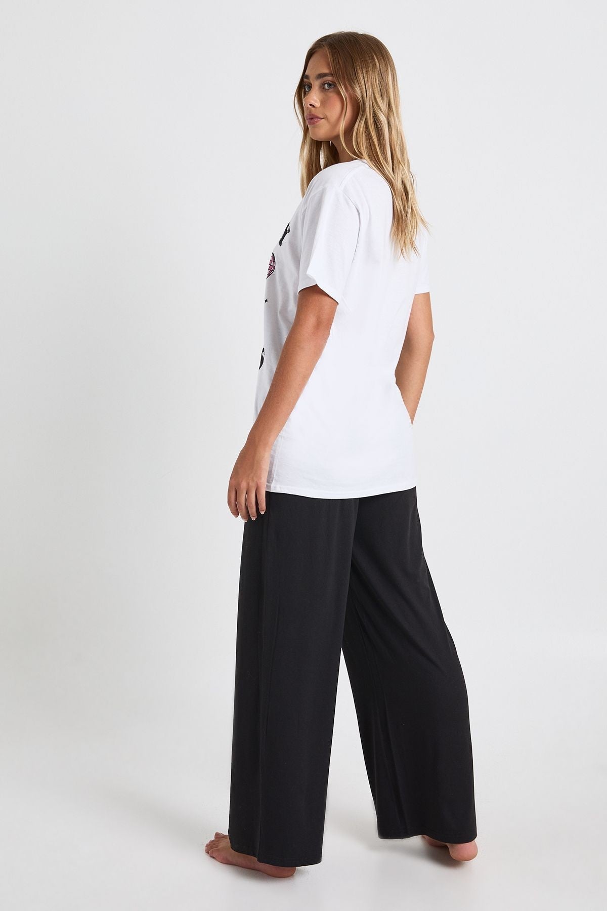 Ghost Print Two Piece Pajama Set with Short Sleeves and Wide Leg Trousers