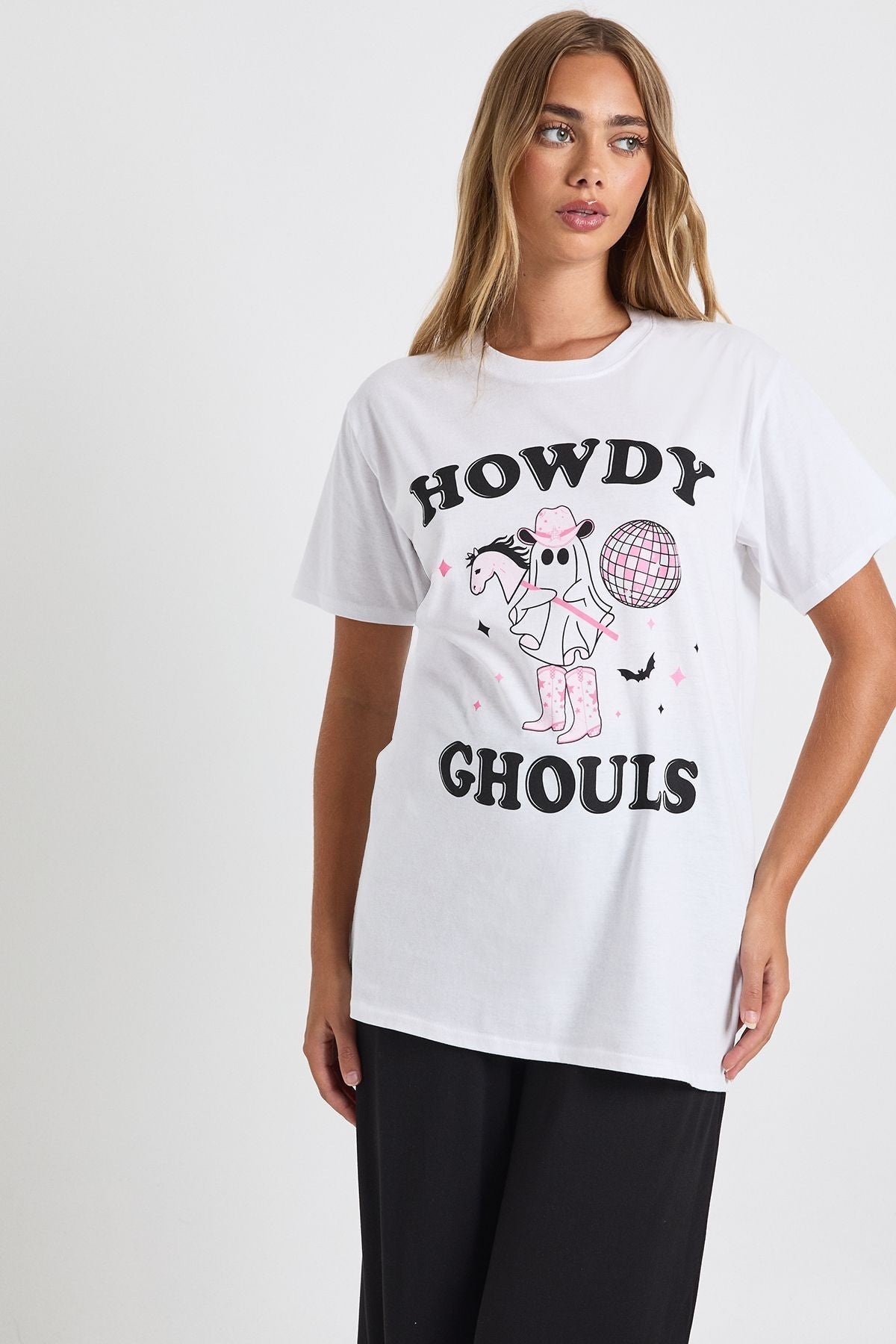 Ghost Print Two Piece Pajama Set with Short Sleeves and Wide Leg Trousers