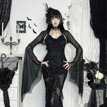 Sheer Mesh Crop Top with Wide Bat Sleeves for Gothic Costumes
