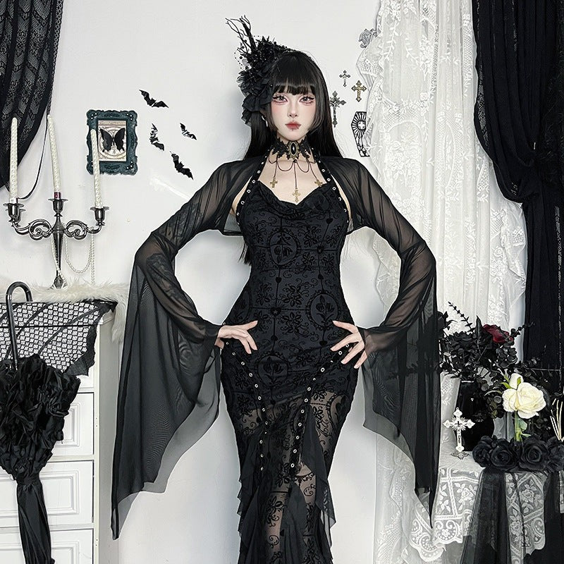 Sheer Mesh Crop Top with Wide Bat Sleeves for Gothic Costumes