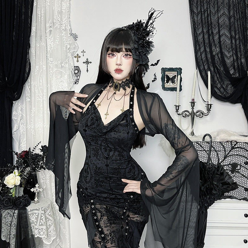 Sheer Mesh Crop Top with Wide Bat Sleeves for Gothic Costumes