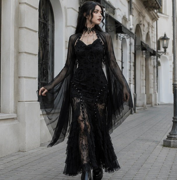 Sheer Mesh Crop Top with Wide Bat Sleeves for Gothic Costumes