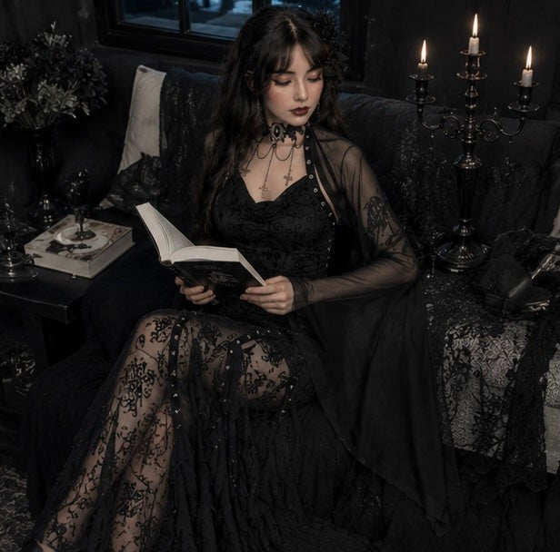 Sheer Mesh Crop Top with Wide Bat Sleeves for Gothic Costumes