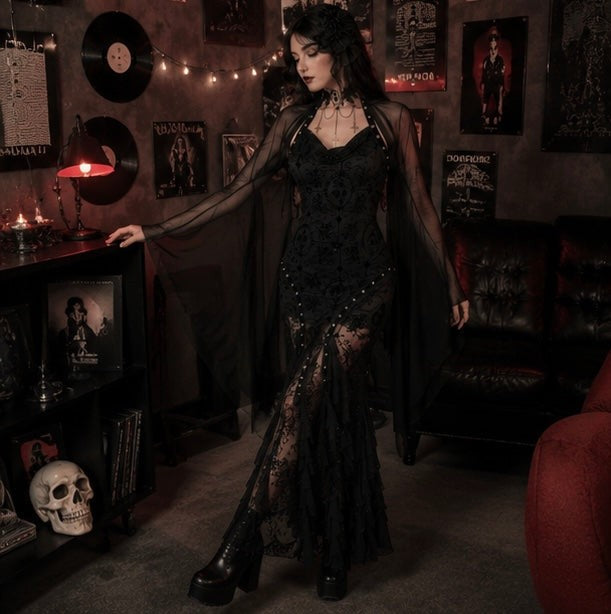 Sheer Mesh Crop Top with Wide Bat Sleeves for Gothic Costumes