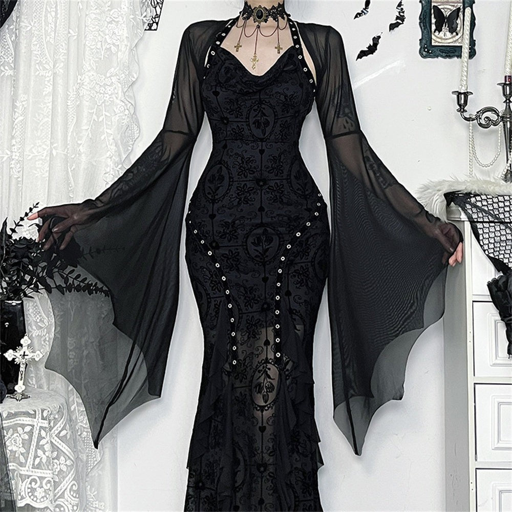 Sheer Mesh Crop Top with Wide Bat Sleeves for Gothic Costumes