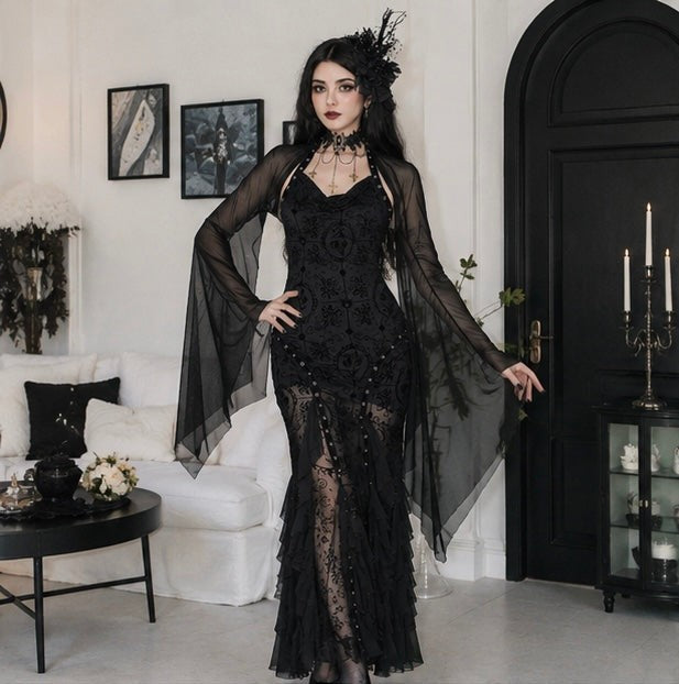 Sheer Mesh Crop Top with Wide Bat Sleeves for Gothic Costumes