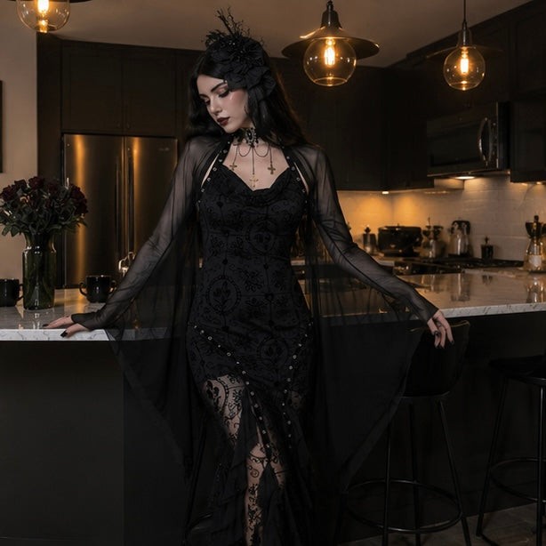 Sheer Mesh Crop Top with Wide Bat Sleeves for Gothic Costumes