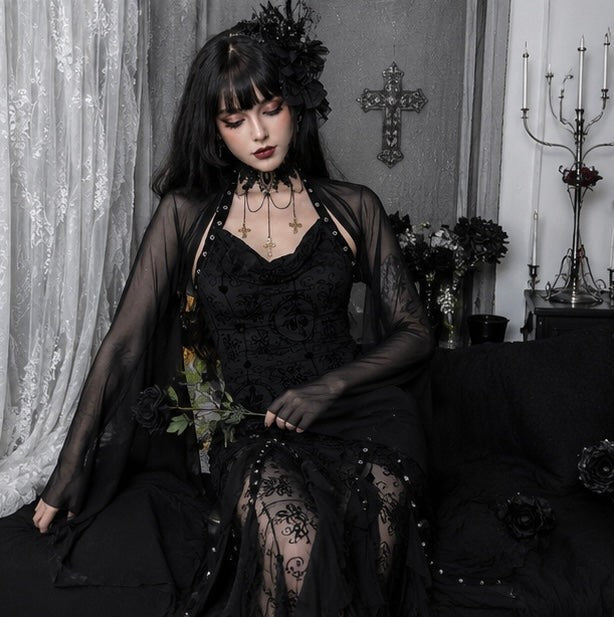 Sheer Mesh Crop Top with Wide Bat Sleeves for Gothic Costumes