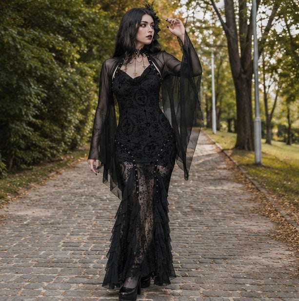 Sheer Mesh Crop Top with Wide Bat Sleeves for Gothic Costumes
