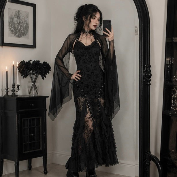 Sheer Mesh Crop Top with Wide Bat Sleeves for Gothic Costumes