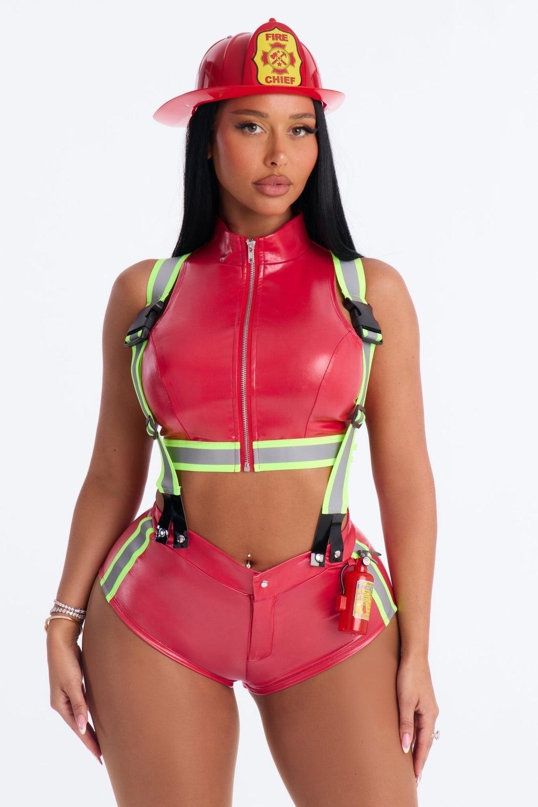 Red Five Piece Costume Set with Helmet and Crop Top, Shorts and Straps for Women