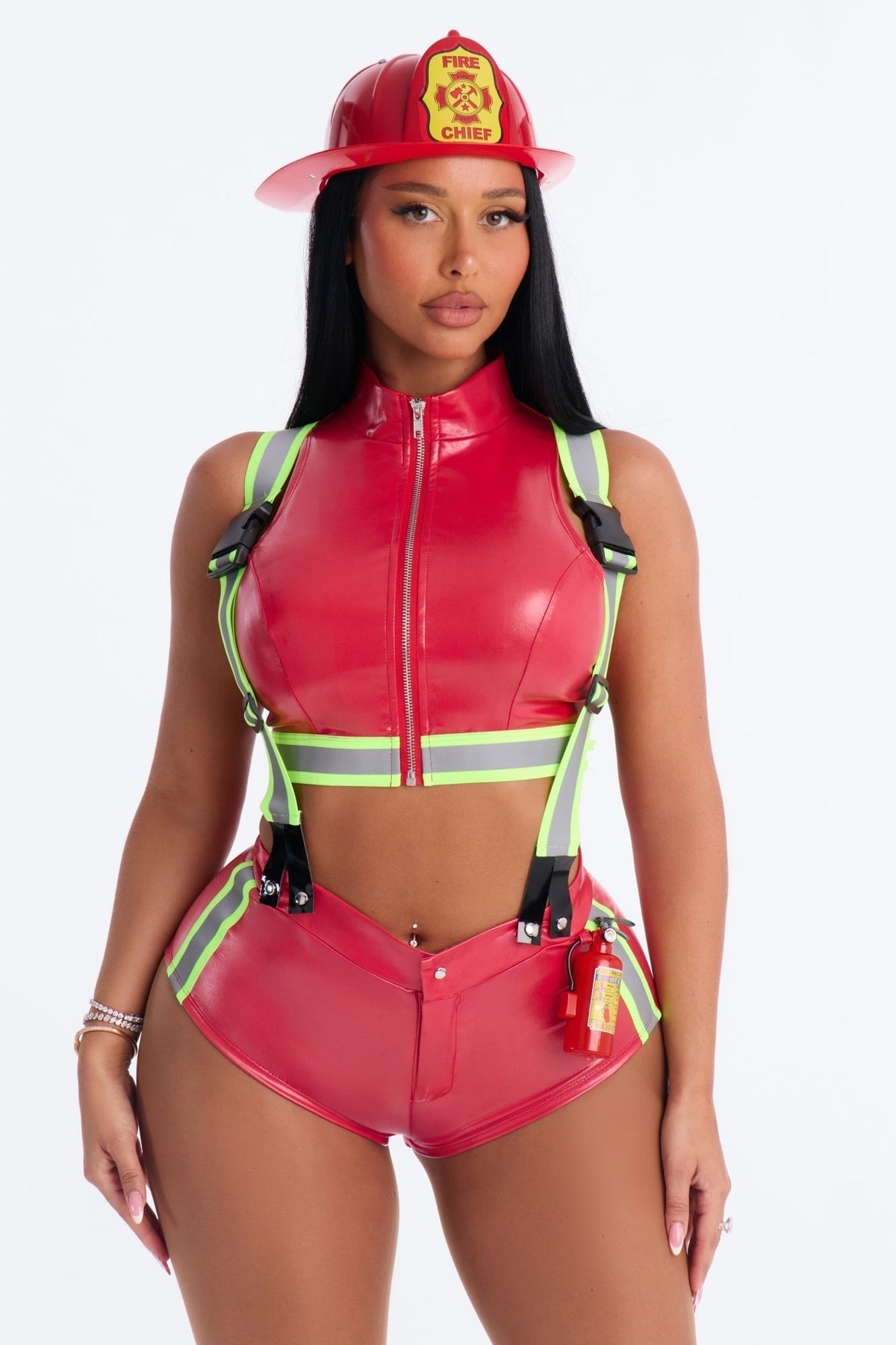 Red Five Piece Costume Set with Helmet and Crop Top, Shorts and Straps for Women
