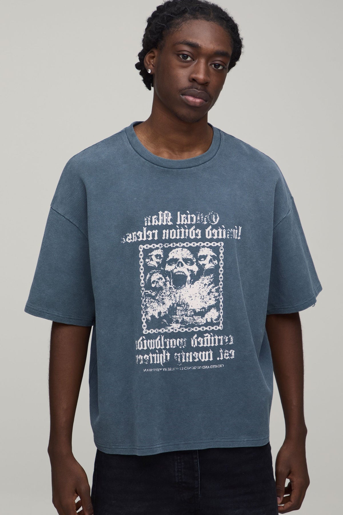 Waffle Knit T Shirt with Gothic Chest Print and Dropped Shoulders, Charcoal