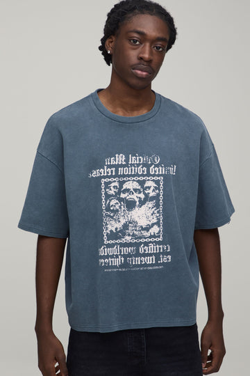 Waffle Knit T Shirt with Gothic Chest Print and Dropped Shoulders, Charcoal