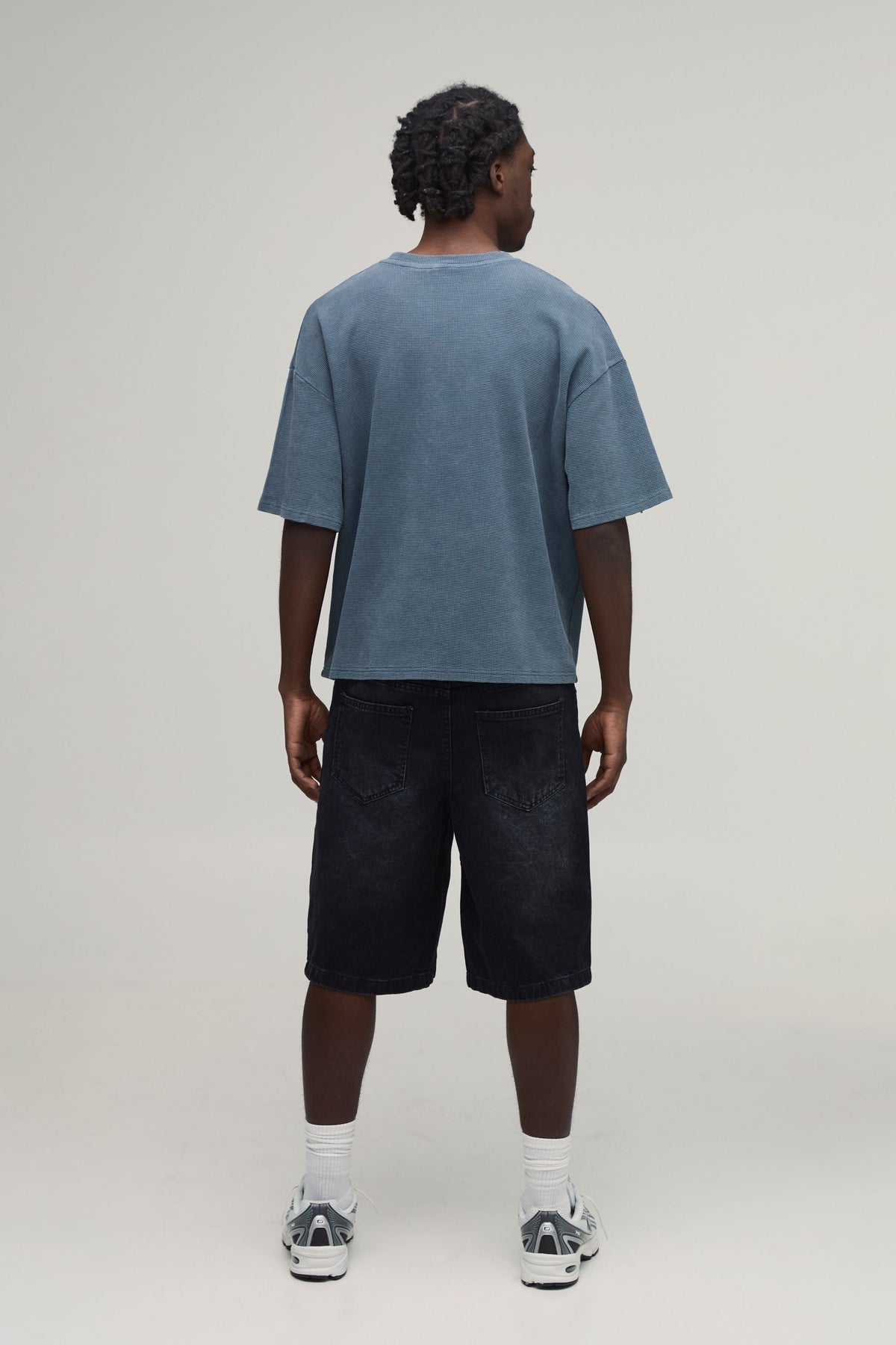 Waffle Knit T Shirt with Gothic Chest Print and Dropped Shoulders, Charcoal