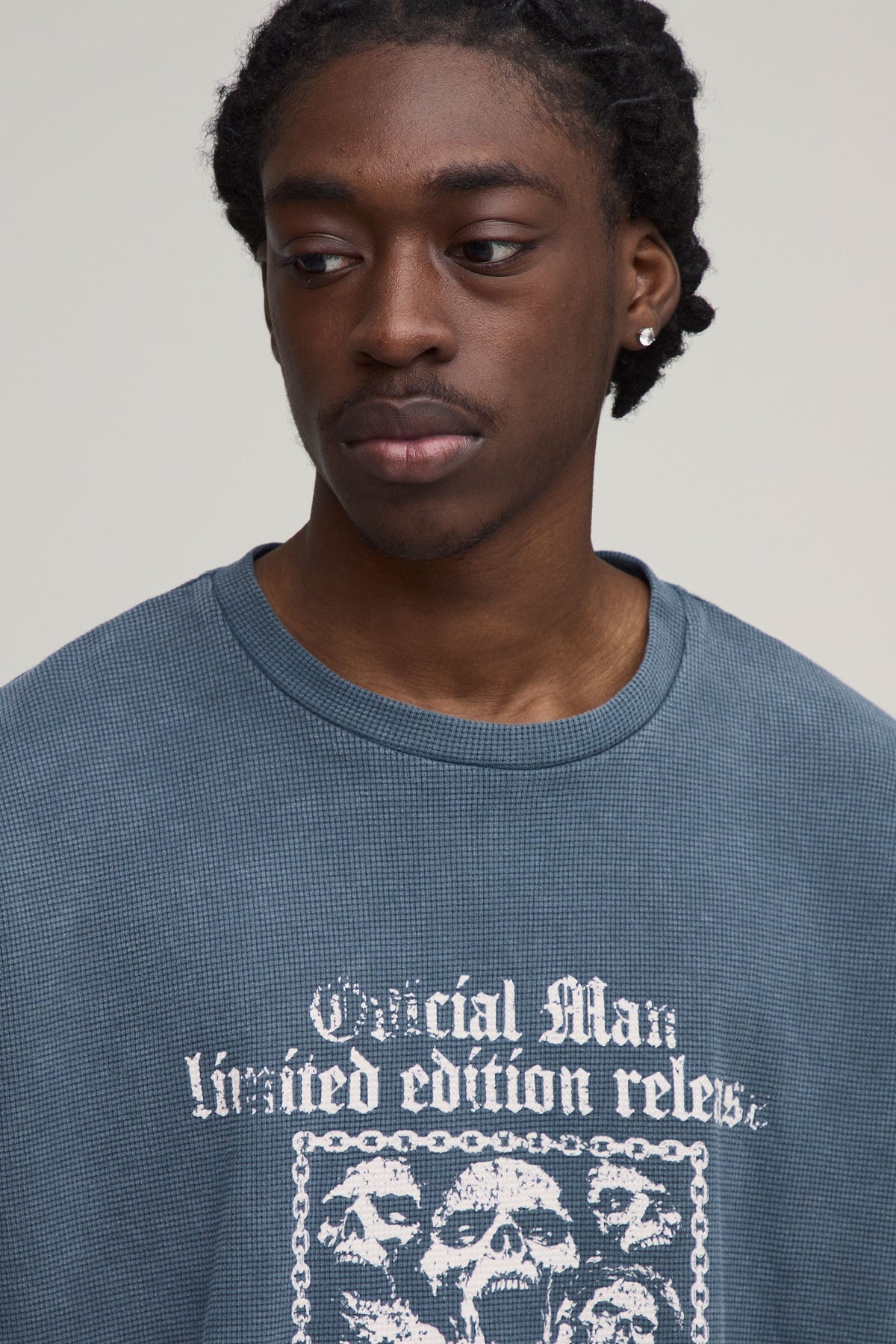 Waffle Knit T Shirt with Gothic Chest Print and Dropped Shoulders, Charcoal