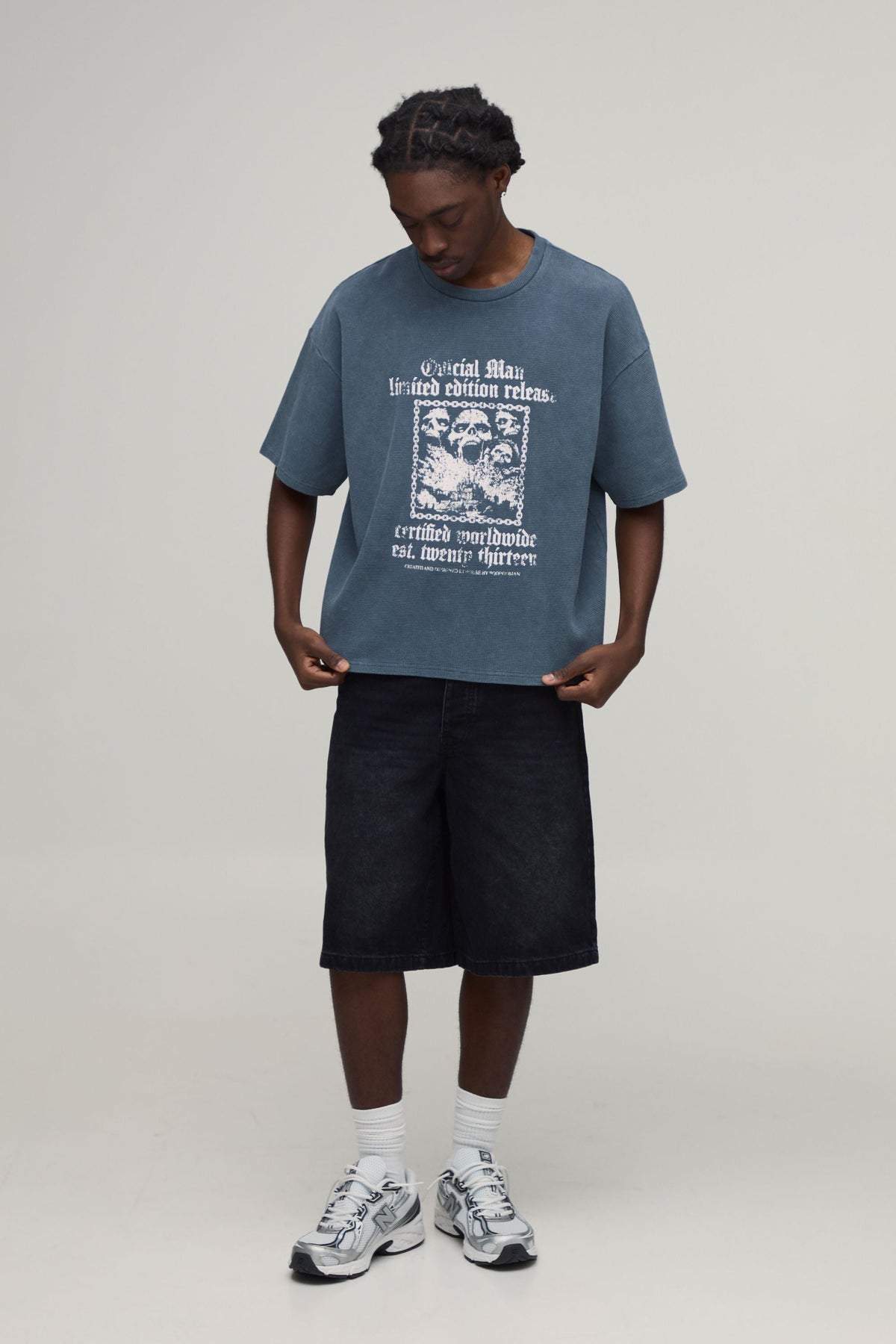 Waffle Knit T Shirt with Gothic Chest Print and Dropped Shoulders, Charcoal