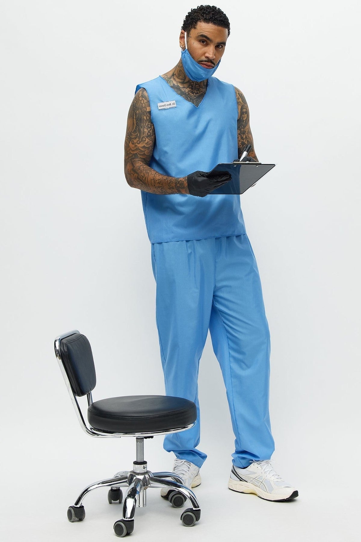 Blue Scrub Costume Set for Men with V Neck Top and Loose Fit Pants