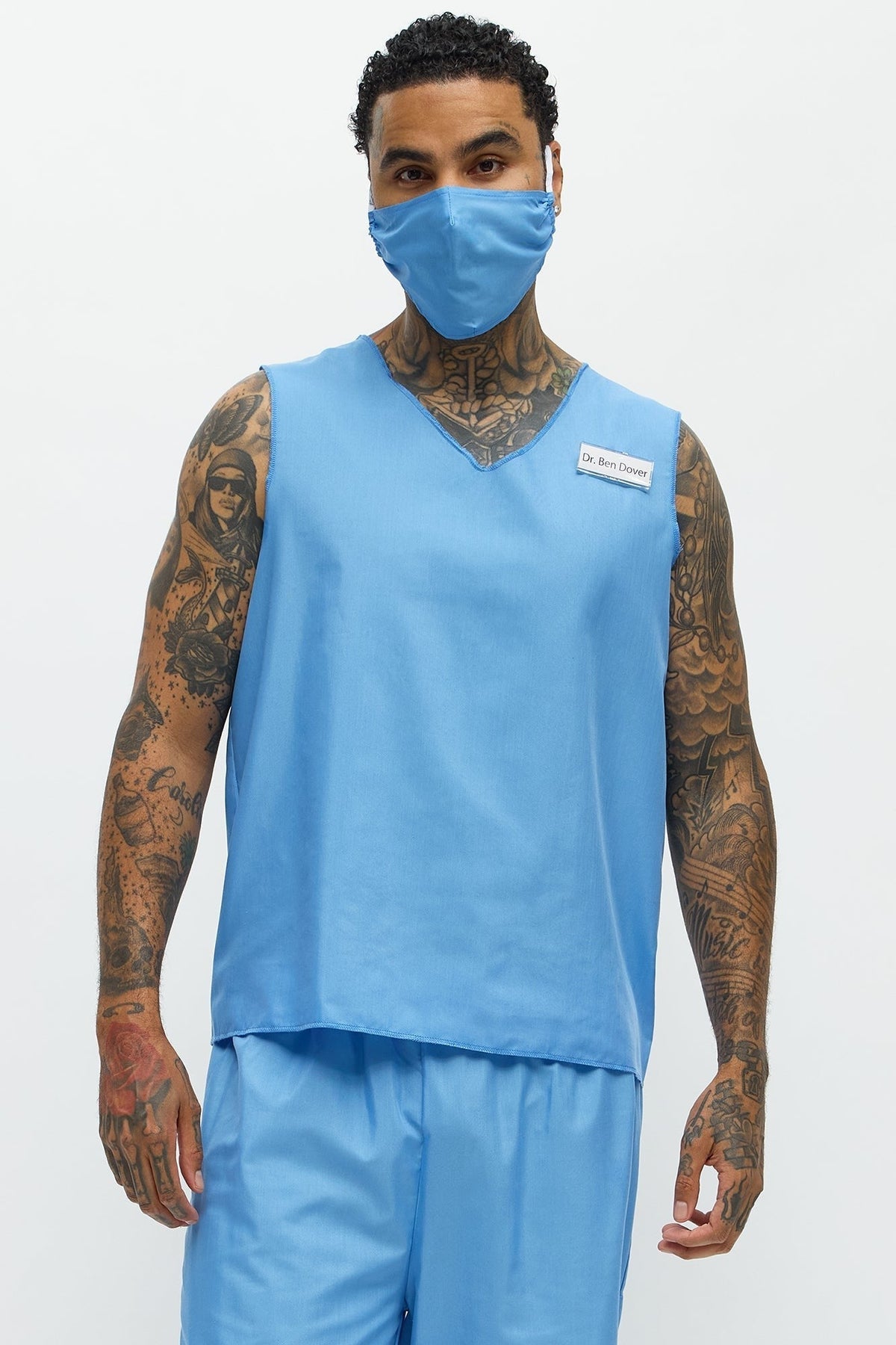 Blue Scrub Costume Set for Men with V Neck Top and Loose Fit Pants