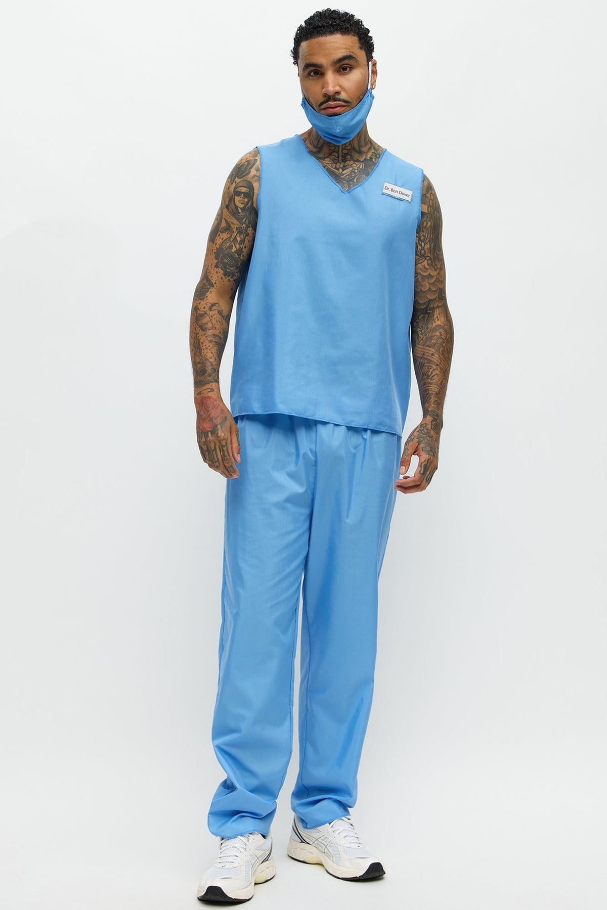 Blue Scrub Costume Set for Men with V Neck Top and Loose Fit Pants