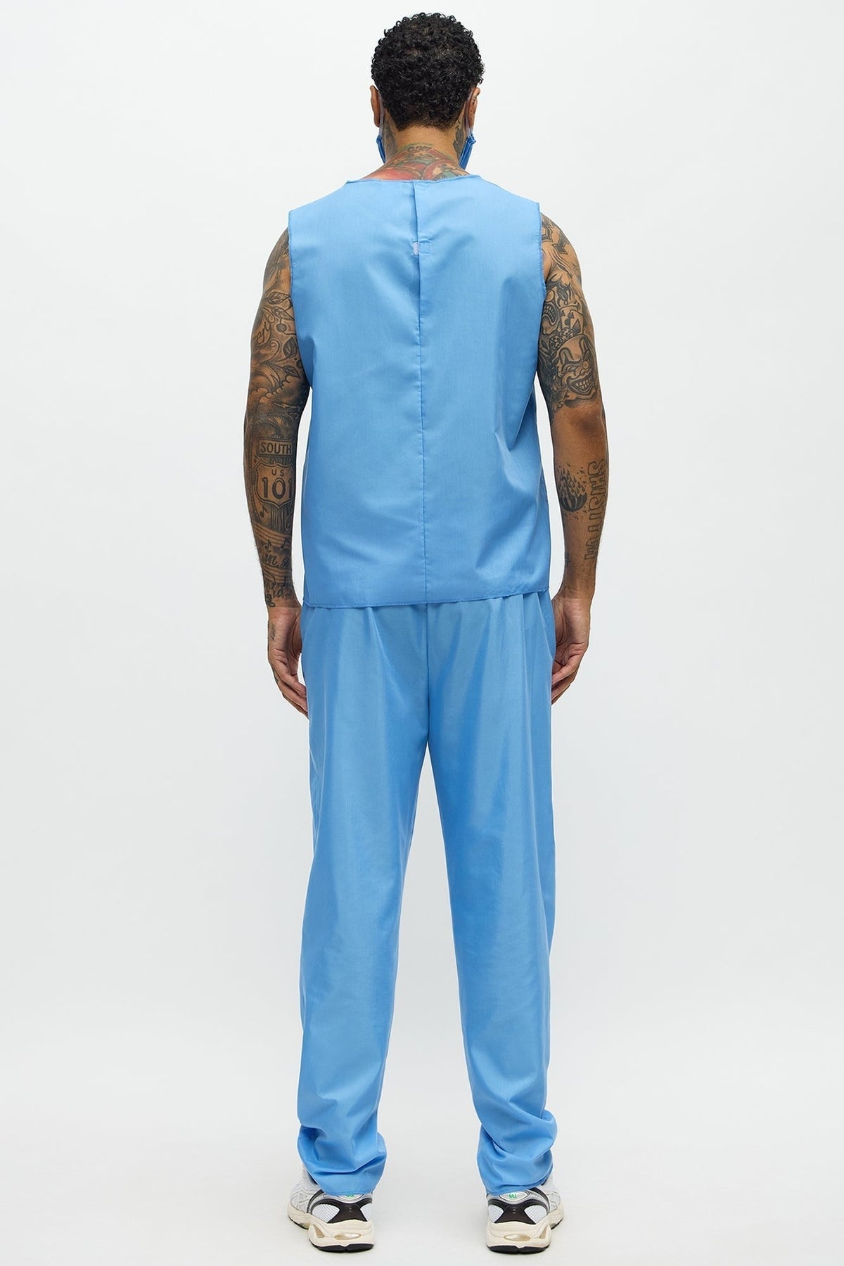 Blue Scrub Costume Set for Men with V Neck Top and Loose Fit Pants