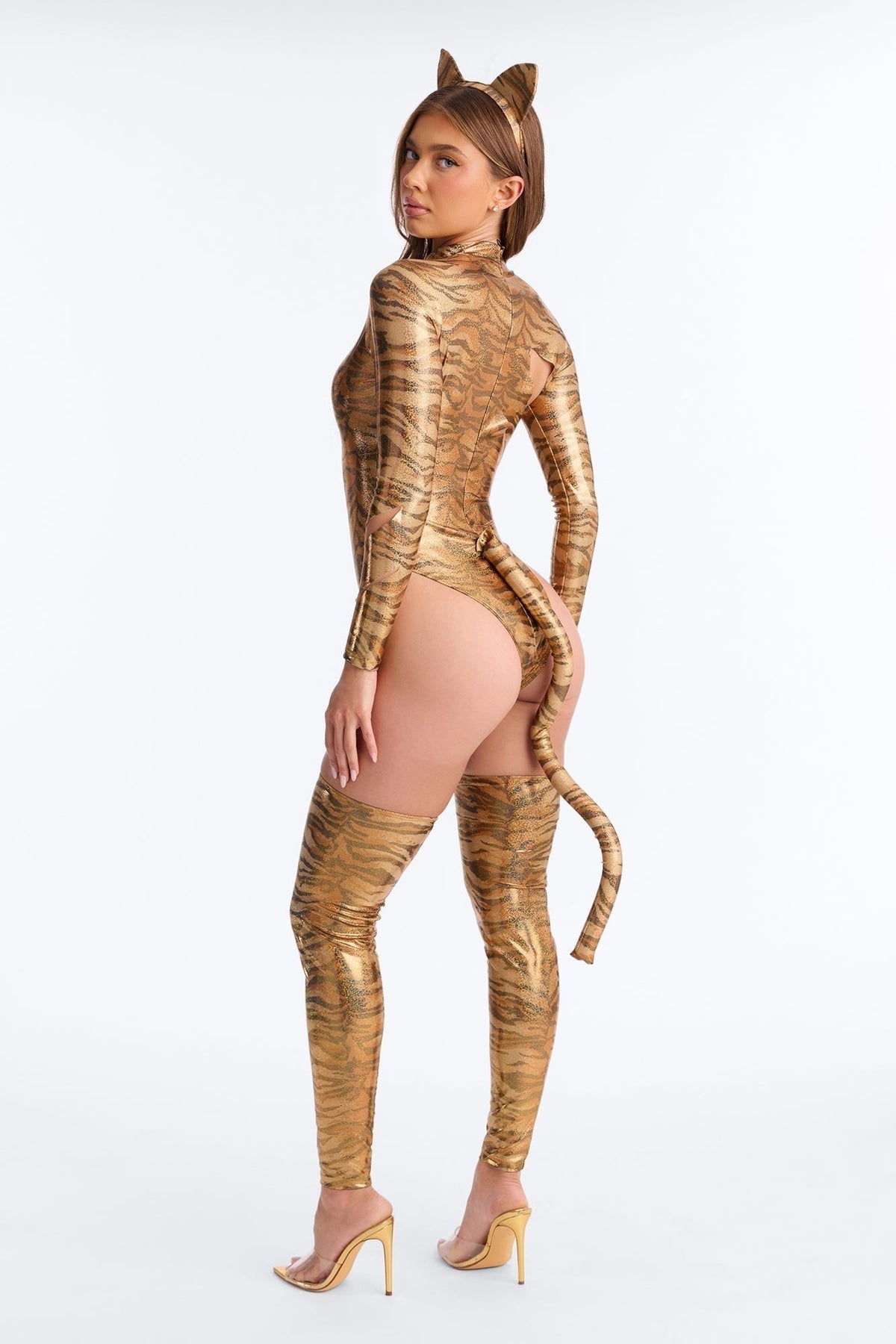 Animal Print Bodysuit Costume with Faux Fur Trim and Ear Headband, Leg Pieces
